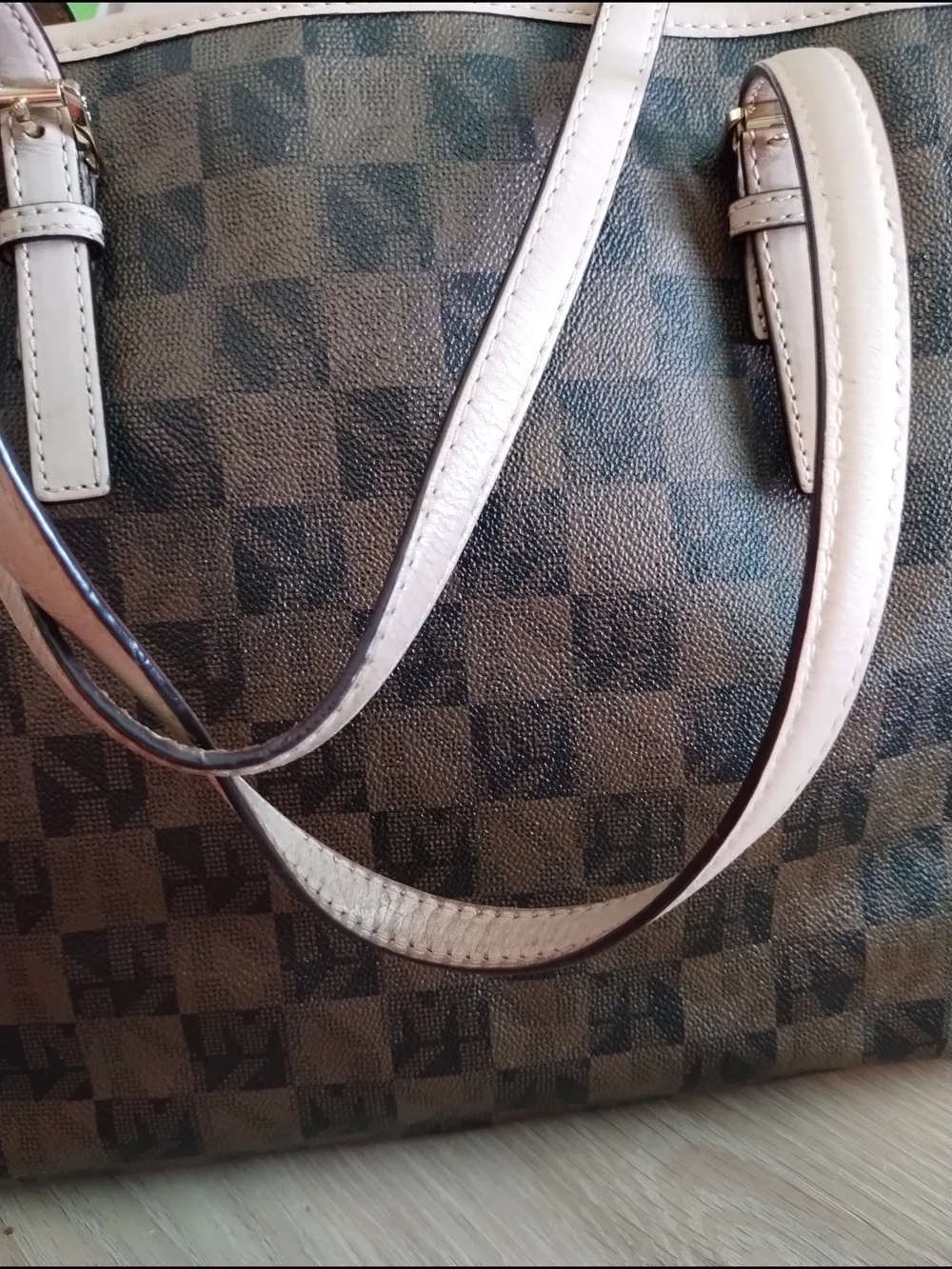 Michael Kors Rare Monogram Checkered Tote Bag with Beige Trim